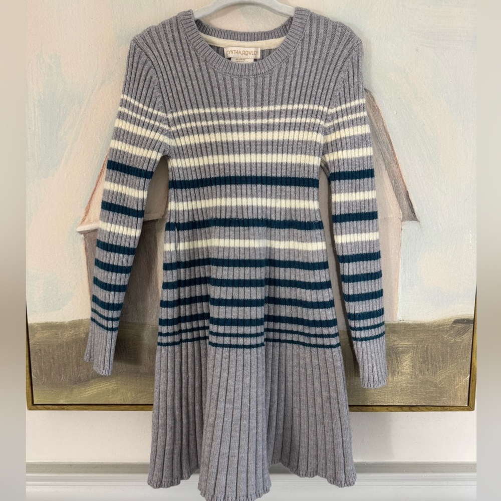 CYNTHIA ROWLRY Girls Ribbed Gray And Blue Striped Sweater Dress Size 6